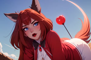 ((masterpiece, best quality, 1girl, solo)), short wavy dark light brown hair, light blue eyes, deer ears, red lips, white skin,  hupper body, face view,  thick eyelashes, red dress, happy,  long face, sharp jaw, huge boobs,  demon deer, Alastor aesthetic; Cotton Candy, Alastor