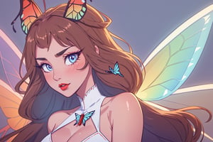 ((masterpiece, best quality, 1girl, solo)), short wavy dark light brown hair, light blue eyes, butterfly wings and antennae, red lips, white skin,  hupper body, face view,  thick eyelashes, red dress, happy,  long face, sharp jaw, huge boobs,  demon butterfly, butterfly aesthetic; Cotton Candy, Alastor