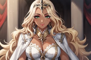 Only 1 Girl, female, semi realism, perfect cute face, long ashe blonde wavy hair, tanned skin, green eyes, plump pink lips, makeup, collar, white harness dress clothes, smiling,  long white cloak, crown, swordmaste, sexy view, Fatui Harbingers, closer look view, well drawn,  view face