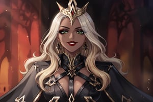 Only 1 Girl, female, semi realism, perfect face, long ashe blonde wavy hair, tanned skin, green eyes, red lips, makeup, collar, evil smile, dark aesthetic, harness dress clothes, long white cloak, crown