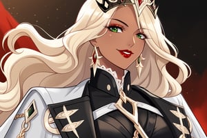 Only 1 Girl, mature female, semi realism, perfect face, long ashe blonde wavy hair, tanned skin, green eyes, red lips, makeup, collar, evil smile, dark aesthetic, white harness dress clothes, long white cloak, crown,  closer view