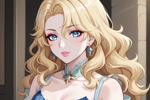 Only 1 Girl, female, semi realism, perfect face, blonde wavy hair, pale skin, light blue eyes, pink lips, makeup,  Liyue clothes