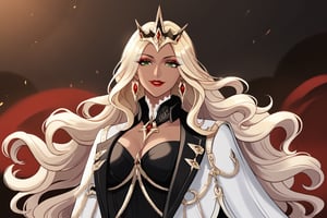 Only 1 Girl, mature female, semi realism, perfect face, long ashe blonde wavy hair, tanned skin, green eyes, red lips, makeup, collar, evil smile, dark aesthetic, white harness dress clothes, long white cloak, crown,  closer view