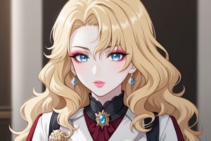 Only 1 Girl, female, semi realism, perfect face, blonde wavy hair, pale skin, light blue eyes, pink lips, makeup,  Liyue clothes