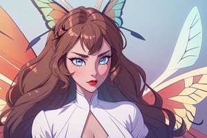 ((masterpiece, best quality, 1girl, solo)), short wavy dark light brown hair, light blue eyes, butterfly wings and antennae, red lips, white skin,  hupper body, face view,  thick eyelashes, red dress, happy,  long face, sharp jaw, huge boobs,  demon butterfly, butterfly aesthetic; Cotton Candy, Alastor