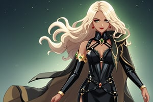 Only 1 Girl, female, semi realism, perfect face, long ashe blonde wavy hair, tanned skin, green eyes, red lips, makeup, collar, evil smile, dark aesthetic, harness dress clothes, long white cloak, crown