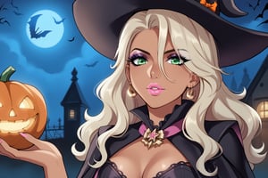 Only 1 Girl, female, semi realism, very tan skin, perfect face,ashe blonde wavy hair, green eyes, pink lips, makeup,  Halloween, clothes