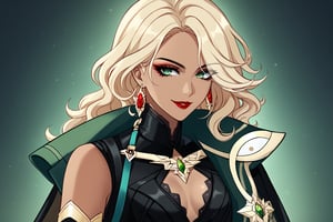 Only 1 Girl, female, semi realism, perfect face, long ashe blonde wavy hair, tanned skin, green eyes, red lips, makeup, collar, evil smile, dark aesthetic, harness dress clothes, long white cloak, face view