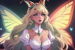 ((masterpiece, best quality, 1girl, solo)), short curly dark light blonde retro hairstyle, hair with bang, green eyes,  White skin, demonic outfit classy chic, demon aesthetic, green eyes, butterfly wings and antennae, red lips, white skin,  hupper body, face view,  thick eyelashes, red dress, happy,  long face, sharp jaw, huge boobs,  demon butterfly, butterfly aesthetic; Cotton Candy, Alastor