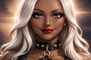 Only 1 Girl, female, semi realism, perfect face, long ashe blonde wavy hair, dark tanned skin, green eyes, red lips, makeup, collar, evil smile, dark aesthetic, harness clothes