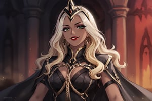 Only 1 Girl, female, semi realism, perfect face, long ashe blonde wavy hair, tanned skin, green eyes, red lips, makeup, collar, evil smile, dark aesthetic, harness dress clothes, long white cloak, crown