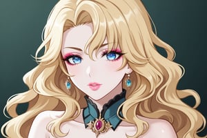 Only 1 Girl, female, semi realism, perfect face, blonde wavy hair, pale skin, light blue eyes, pink lips, makeup,  Liyue clothes