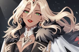 Only 1 Girl, mature female, semi realism, perfect face, long ashe blonde wavy hair, tanned skin, green eyes, red lips, makeup, collar, evil smile, dark aesthetic, white harness dress clothes, long white cloak, crown