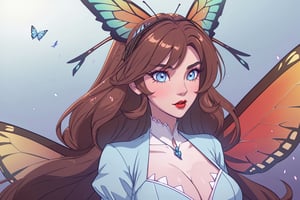 ((masterpiece, best quality, 1girl, solo)), short wavy dark light brown hair, light blue eyes, butterfly wings and antennae, red lips, white skin,  hupper body, face view,  thick eyelashes, red dress, happy,  long face, sharp jaw, huge boobs,  demon butterfly, butterfly aesthetic; Cotton Candy, Alastor