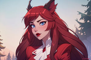 ((masterpiece, best quality, 1girl, solo)), short wavy dark light brown hair, light blue eyes, deer ears, red lips, white skin,  hupper body, face view,  thick eyelashes, red dress, happy,  long face, sharp jaw, huge boobs,  demon deer, Alastor aesthetic; Cotton Candy, Alastor