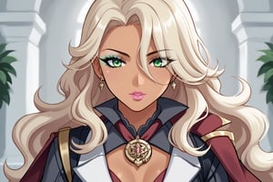 Only 1 Girl, female, semi realism, very tan skin, perfect face,ashe blonde wavy hair, green eyes, pink lips, makeup,  Liyue clothes