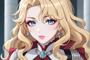 Only 1 Girl, female, semi realism, perfect face, blonde wavy hair, pale skin, light blue eyes, pink lips, makeup,  Liyue clothes