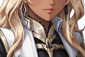 Only 1 Girl, female, semi realism, perfect cute face, long ashe blonde wavy hair, tanned skin, green eyes, pink lips, make-up, collar, harness dress clothes, long white cloak, crown, swordmaste, sexy view, Fatui Harbingers, close view