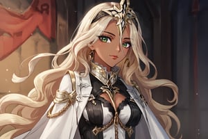 Only 1 Girl, female, semi realism, perfect cute face, long ashe blonde wavy hair, tanned skin, green eyes, perfect pink lips, make-up, collar, white harness dress clothes, long white cloak, crown, swordmaste, sexy view, Fatui Harbingers,