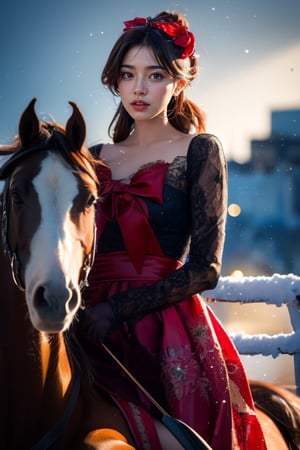 a young woman,looking at the camera, posing,ulzzang, streaming on twitch, character album cover,red moment,style of bokeh, witch dress, ,moody lighting,appropriate comparison of cold and warm, hair over one eye, bow on head, reality,idol,Beauty,beauty,Holding a Recurve Bow, riding a horse