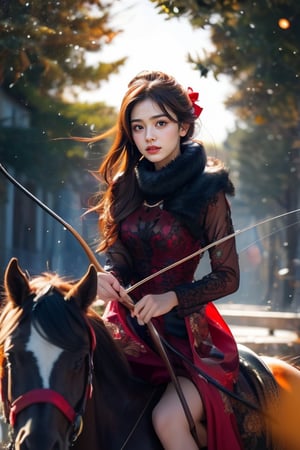 a young woman,looking at the camera, posing,ulzzang, streaming on twitch, character album cover,red moment,style of bokeh, witch dress, ,moody lighting,appropriate comparison of cold and warm, hair over one eye, bow on head, reality,idol,Beauty,beauty,Holding a Recurve Bow, riding a horse