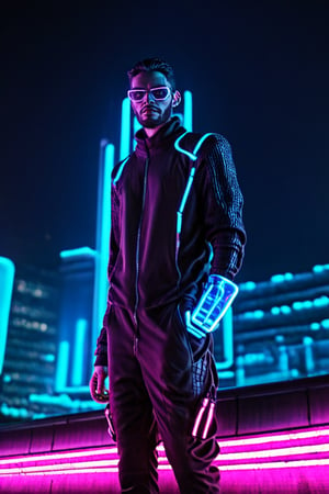 Santa Claus wearing a sleek cyberpunk ensemble, with neon accents and futuristic accessories, boldly stands atop a bustling digital highway. Behind him, a sprawling metropolis of the future emerges, casting a mesmerizing glow across the horizon. The photograph, taken from a low angle