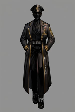 best quality, masterpiece, high_res, 1guy, full body, LCSD, standing, (black military hat, black mask, black gogle, black slacks, black suit, black shoes, black trench coat), (black hair, short hair, pale skin), simple_background, gray_background ,LimbusCompany_Dante