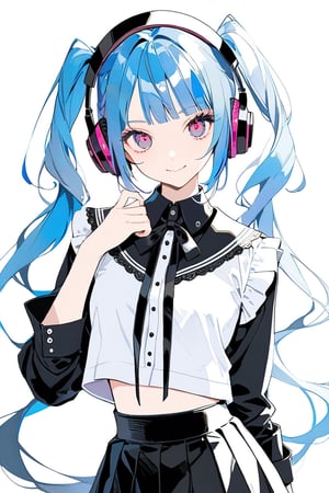 1girl, solo, looking at viewer, bangs, blunt bangs, twin_tails, two-tone-hair,blue hair,blue eyes, pink eyes, thick eyelashes, eyeliner, smile, black crop tops, collared shirt , headphone around neck, school_uniform, gothic_lolita, 
Picture a woman standing, stylish pose, full-length portrait with sleeves rolled up, front view, white background, 
cowboy_shot, master piece, best quality, outrageous, super detail, hyper detail, intricate detail, 