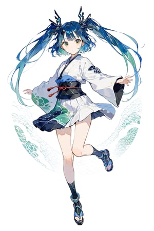 best quality, masterpiece, extremely detailed, midjourney, detailed eyes, 1girl, solo, looking at viewer, bangs, twin_tails are, two-tone-hair,blue hair,medium_hair,adult, 20 years old,brown eyes, masterpiece, best quality, aesthetic, perfect-composition, niji style, beautiful detailed eyes, big eyes, shiny hair, (watercolor:0.6), (cybertic theme,race qreen ,traditional_japanese_clothes,clipart, valkyrie),running, (green background), 