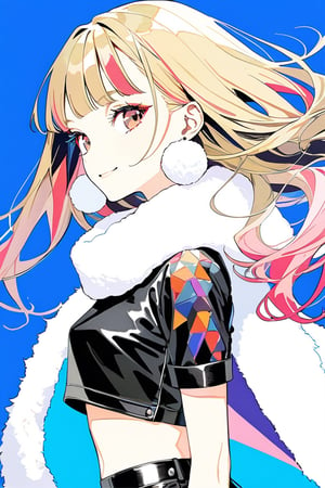 1girl, solo, long hair, looking at viewer, blonde hair,  pink hair, two-tone hair, multicolored hair, bangs, blunt bangs, brown eyes, pink eyes, thick eyelashes, eyeliner, smile, black crop tops, collared shirt , fur scarf,circle earring, leather jakets, midriff top, Short length midriff top, 
Picture a woman standing, stylish pose, full-length portrait with sleeves rolled up, from side view, blue background, 
cowboy_shot, master piece, best quality, outrageous, super detail, hyper detail, intricate detail, 