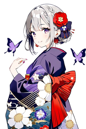 1girl, solo, looking at viewer, blush, smile, cowboy_shot, bangs, hair ornament, long sleeves, white background, hair between eyes, jewelry, closed mouth, purple eyes, upper body, braid, flower, hair bow, grey hair, earrings, japanese clothes, looking back, hand up, hair flower, wide sleeves, kimono, nail polish, looking to the side,floral print, bug, red flower, butterfly, purple nails, butterfly hair ornament, print kimono, purple kimono, egasumi, kanzashi,