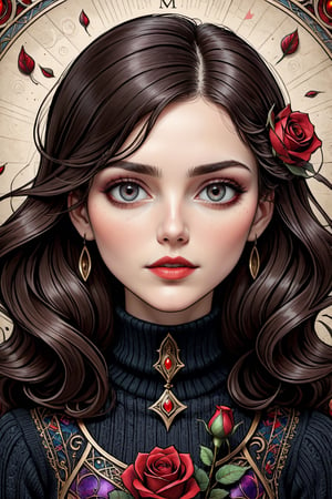 || Tarot card with art deco frame, an ink drawing, a digital painting of a 1girl, solo, long hair, looking at viewer, brown hair, black hair, long sleeves, upper body, flower, parted lips, teeth, hand up, sweater, lips, grey eyes, sparkle, rose, turtleneck, leaf, red flower, ribbed sweater, red rose, realistic, card \(medium\), brown sweater, roman numeral, decorative rose flowers ||  pen and ink, liquid ink, best quality, double exposure, vintage triadic colors, realistic artstyle, stylized urban fantasy artwork, stunning digital illustration, stylized urban fantasy artwork, beautiful digital illustration, mysterious and detailed image, in the style of Craola, Dan Mumford, Andy Kehoe, 2d, flat, vintage, cracked paper art, patchwork, detailed storybook illustration, cinematic, ultra highly detailed, mystical, luminism, vibrant colors, complex background,tarot card,comic book,on parchment,aw0k straightsylum, pen and ink, liquid ink, best quality, double exposure, vintage triadic colors, (tarot card:1.2), realistic artstyle, stylized urban fantasy artwork, stunning digital illustration, stylized urban fantasy artwork, beautiful digital illustration, mysterious and detailed image, in the style of Craola, Dan Mumford, Andy Kehoe, 2d, flat, vintage, cracked paper art, patchwork, detailed storybook illustration, cinematic, ultra highly detailed, mystical, luminism, vibrant colors, complex background,tarot card,comic book,on parchment,itacstl