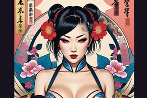 Digital Illustration: 'Sakura Seduction' In a provocative pose, our stylized female character, Rin, is adorned in elaborate floral-patterned lingerie, accentuated by vibrant tattoos that wrap around her curves. Bold makeup accents her eyes and lips, drawing attention to her enigmatic gaze. Against a backdrop of intricate floral designs and traditional Japanese motifs, blended with modern cyberpunk elements, Rin's sensual yet artistic presence commands attention. Bright, contrasting colors evoke the Pop Art aesthetic, as if she's stepping out of a futuristic anime poster. In this fusion of Kawaii and futuristic themes, Rin embodies the essence of Japanese contemporary art and Ukiyo-e, inviting the viewer to step into her mesmerizing world.,kabuki,Ukiyo-e,comic book, More Detail,vintage