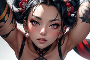 score_9, score_8_up, score_7_up,((masterpiece, best quality)), (complex lighting), (perfect face), (detailed face), (anime, soft light, dramatic light, sharp, HDR), solo, 1girl, full body, looking up,Digital Illustration: 'Sakura Seduction' In a provocative pose, our stylized female character, Rin, is adorned in elaborate floral-patterned lingerie, accentuated by vibrant tattoos that wrap around her curves. Bold makeup accents her eyes and lips, drawing attention to her enigmatic gaze. Against a backdrop of intricate floral designs and traditional Japanese motifs, blended with modern cyberpunk elements, Rin's sensual yet artistic presence commands attention. Bright, contrasting colors evoke the Pop Art aesthetic, as if she's stepping out of a futuristic anime poster. In this fusion of Kawaii and futuristic themes, Rin embodies the essence of Japanese contemporary art and Ukiyo-e, inviting the viewer to step into her mesmerizing world.,kabuki,Ukiyo-e,comic book, More Detail,vintage