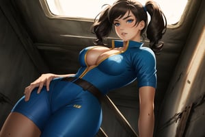  extremely detailed, realistic, intricate details, highres, 1girl, solo, red long hair, blue eyes, blush, freckles,skin moles , wear blue vault jumpsuit, (thick thighs, wide hips), big cleavage, arched back,(cinematic lighting, sunlight, perfect lighting, backlighting), eye-level shot, extreme close-up-shot, naughty look, looking at viewer, film grain, fallout 4 , pleasure emotions, groans, in abandoned post apocalypse house,  brown hair, hilda (pokemon),  blue eyes, high  twintails hair, VaultGirl