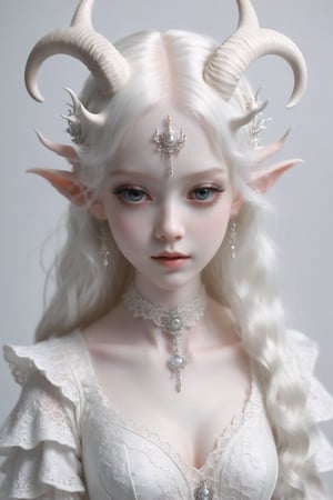 ,(long intricate horns:1.2) ,albino demon girl with enchantingly beautiful, alabaster skin,
A benevolent smile,girl has Beautiful deep black eyes,soft expression,Depth and Dimension in the Pupils,
Her porcelain-like white skin reflects an almost celestial glow, highlighting her ethereal nature,Every detail of her divine lace costume is meticulously crafted, 
Capture the subtle intricacies of the lacework, emphasizing the delicate patterns that complement her unearthly features. From the curve of her horns to the flowing elegance of her dress, 
,goth person,epicDiP,DonMM1y4XL, full body, 