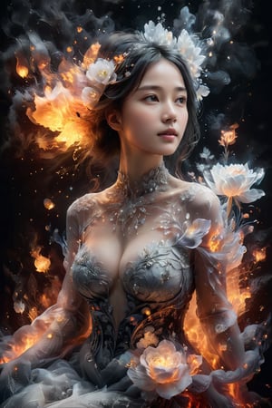 Beautiful female, made with black on white smoky layers, floating embers,  surrealism,faize, flowers,