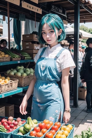 best quality,1girl,professional photography,chinese female,18 yo,(aqua hair:1.3),light blue eyes,slim body,short hair,small breasts,
A medieval girl in traditional dress, vegetables and fruits, at a farmer's market, mysterious medieval, masterpiece,High detailed,watercolor,simplecats,swedish dress,girl