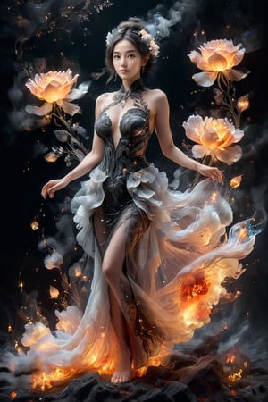 Beautiful female, made with black on white smoky layers, floating embers,  surrealism,faize, flowers, full body, form side,