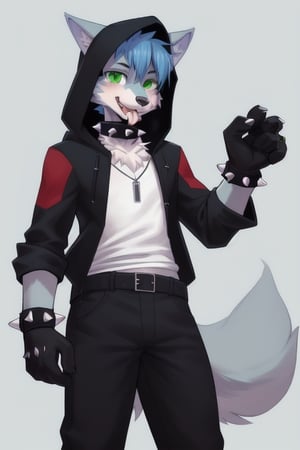 solo, looking at viewer, simple background, shirt, gloves, 1boy, animal ears, jewelry, green eyes, blue hair, standing, jacket, tail, full body, white shirt, male focus, red hair, multicolored hair, open clothes, alternate costume, tongue, black gloves, pants, artist name, hand up, hood, tongue out, collar, bracelet, blue background, black pants, wolf ears, wolf tail, furry, spikes, furry male, spiked bracelet, spiked collar, blue fur, studded bracelet