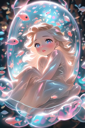 ((1girl)), (the girl is sitting on a transparent holographic inflatable chair, an inflatable aquarium chair, fish are swimming inside the chair), beautiful eyes, high detail, ((clear face)), light falls on her face, (icinematic, inner glowing shining, transparent body, beautiful detailed eyes, beautiful detailed lips, extremely detailed eyes and face, long eyelashes, soft flowing hair, graceful pose, ethereal atmosphere, soft ambient lighting, subtle color grading, sublime beauty, sublime beauty, ethereal background, captivating aura, magical scene, gentle mist, serene environment, surreal ambiance, impeccable composition, vivid colors, luminous glow, fantasy element, mysterious charm, dreamlike quality, hauntingly beautiful, peaceful expression, serene atmosphere, effortless elegance, enchanting allure, mesmerizing presence, sublime grace, transcendent beauty, dinamic pose, cinematic), beautiful view, motion blur, brushstrokes, concept art, beautiful, masterpiece, 8k, fractral neon, soft style, soft background, soft blurry brushstroke, airbrushing, pastel painting, eye contact, LED star, K-Eyes, NIJI STYLE