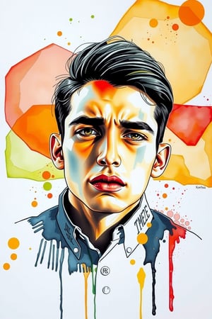 surreal portrait of a handsome young man made in watercolor, large bright blurred watercolor geometric shapes (orange, red, green) in the foreground portrait of a young man in black marker, his sad face, with half-closed eyes, long thick eyelashes, thin lips with corners down, masterpiece, modern art, abstraction.

art_solyanka,ART_painting,colored pencil,sketch,watercolor paper,paper texture, watercolor