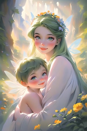 Style by NTY, ((1girl) (1baby boy)), (beautiful girl smiles, young beautiful woman with baby boy, mom hugs baby boy, mom fairy, baby fairy, fairy fairy wings, fantasy, ((Watercolor drawing by Thomas Moran)), beautiful eyes, high detail, clear face, light falls on her face, fairy-tale world, wildflowers, sunny day, voluminous lighting, vintage, soft morning light, sunlight glinting on her skin), beautiful eyes, high detail, ((clear face)), light falls on her face, (icinematic, inner glowing shining, transparent body, beautiful detailed eyes, beautiful detailed lips, long eyelashes, soft flowing green hair with foliage and flowers, soft ambient lighting, sublime beauty, sublime beauty, gentle mist, impeccable composition, vivid colors, luminous glow, fantasy element, mysterious charm, dreamlike quality, hauntingly beautiful, serene atmosphere, enchanting allure, cinematic), beautiful view, motion blur, brushstrokes, concept art, beautiful, masterpiece, 8k, fractral neon, soft style, soft background, soft blurry brushstroke, airbrushing, pastel painting, eye contact, LED star, K-Eyes, NIJI STYLE