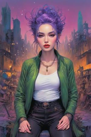 1girl, elven features, braid hairstyle, pale green eyes, purple hair with white inclusion, sexual casual outfit, semirealism, detailed clothes, detailed jewerly, city background, elven style tattoo, dark black soft palette, flat lighting, full body portrayal, punk attitude, toxic palette, messy hairstyle, merge vibrant of pop art style and gloominess of gothic style, intricate detail, dark comedy embience, K-Eyes, digital artwork by Beksinski, PastelPunk
