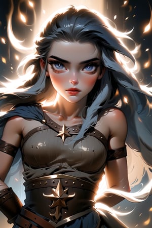 Style by NTY, ((1girl) (((Full body image, handsome (Xena is a warrior queen with long dark blue hair with golden strands), without her shirt, (holds a shakram in her hands, The girl stands on an empty battlefield, swords stuck into the ground around), realistic, wave hair, romantic expression, soft lighting, character design, oil painting))), beautiful eyes, high detail, ((clear face)), light falls on her face, (icinematic, inner glowing shining, transparent body, beautiful detailed eyes, beautiful detailed lips, soft ambient lighting, sublime beauty, sublime beauty, gentle mist, impeccable composition, vivid colors, luminous glow, fantasy element, mysterious charm, dreamlike quality, hauntingly beautiful, serene atmosphere, enchanting allure, cinematic), beautiful view, motion blur, brushstrokes, concept art, beautiful, masterpiece, 8k, fractral neon, soft style, soft background, soft blurry brushstroke, airbrushing, pastel painting, eye contact, LED star, (dinamic pose, cinematic, ((fantasy creature, beautiful view, motion blur, brushstrokes, concept art))) K-Eyes, NIJI STYLE,K-Eyes