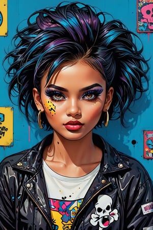 tomboy girl, punk attitude, toxic palette, messy hairstyle, merge vibrant of pop art style and gloominess of gothic style, intricate detail, dark comedy embience,TechStreetwear,Vitiligo,NIJI STYLE,K-Eyes,comic book