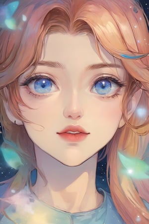 letterbox, portrait closeup, open mouth, starry sky, solo, blue eyes, 1girl, sky, (masterpiece, detailed, highres:1.4), capturing the quiet beauty and soothing essence of a woman in a whimsical, pastel watercolor world, amano yoshitaka,K-Eyes,comic book,cammystretch