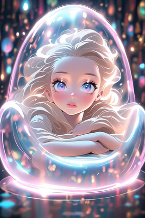 ((1girl)), (the girl is sitting on a transparent holographic inflatable chair, an inflatable aquarium chair, fish are swimming inside the chair), beautiful eyes, high detail, ((clear face)), light falls on her face, (icinematic, inner glowing shining, transparent body, beautiful detailed eyes, beautiful detailed lips, extremely detailed eyes and face, long eyelashes, soft flowing hair, graceful pose, ethereal atmosphere, soft ambient lighting, subtle color grading, sublime beauty, sublime beauty, ethereal background, captivating aura, magical scene, gentle mist, serene environment, surreal ambiance, impeccable composition, vivid colors, luminous glow, fantasy element, mysterious charm, dreamlike quality, hauntingly beautiful, peaceful expression, serene atmosphere, effortless elegance, enchanting allure, mesmerizing presence, sublime grace, transcendent beauty, dinamic pose, cinematic), beautiful view, motion blur, brushstrokes, concept art, beautiful, masterpiece, 8k, fractral neon, soft style, soft background, soft blurry brushstroke, airbrushing, pastel painting, eye contact, LED star, K-Eyes, NIJI STYLE