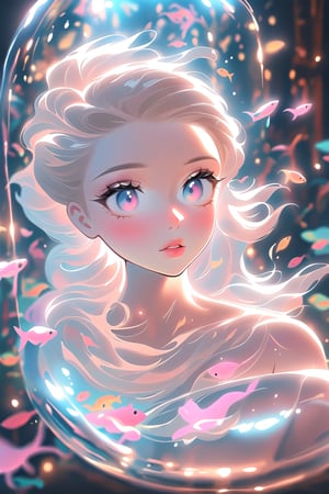 ((1girl)), (the girl is sitting on a transparent holographic inflatable chair, an inflatable aquarium chair, fish are swimming inside the chair), beautiful eyes, high detail, ((clear face)), light falls on her face, (icinematic, inner glowing shining, transparent body, beautiful detailed eyes, beautiful detailed lips, extremely detailed eyes and face, long eyelashes, soft flowing hair, graceful pose, ethereal atmosphere, soft ambient lighting, subtle color grading, sublime beauty, sublime beauty, ethereal background, captivating aura, magical scene, gentle mist, serene environment, surreal ambiance, impeccable composition, vivid colors, luminous glow, fantasy element, mysterious charm, dreamlike quality, hauntingly beautiful, peaceful expression, serene atmosphere, effortless elegance, enchanting allure, mesmerizing presence, sublime grace, transcendent beauty, dinamic pose, cinematic), beautiful view, motion blur, brushstrokes, concept art, beautiful, masterpiece, 8k, fractral neon, soft style, soft background, soft blurry brushstroke, airbrushing, pastel painting, eye contact, LED star, K-Eyes, NIJI STYLE