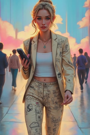 hntdlnwrk style, aesthetic, mad-vprwv cyberpunk woman, 

a woman is walking on a sidewalk, wearing a beige blazer and pants adorned with a variety of drawings. She is holding a cell phone in her right hand, and her left hand is resting on her hip. Her hair is pulled back in a ponytail, and she is wearing a necklace around her neck. The background is blurred, and a few people can be seen in the distance. The background is a mix of blue, pink, and white clouds. 

neon,  vaporwave.

art, colored pencil, sketch, painting, paper texture,art_solyanka,SKP-highly detailed,SamYoung_Illustration